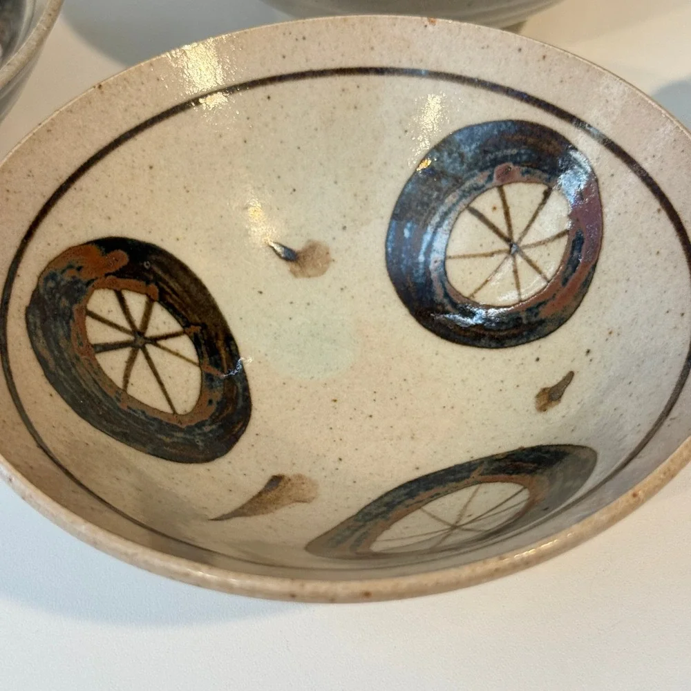 Japanese Otagiri Pottery Lidded Soup Tureen and 5 Bowl Set Speckled Stoneware